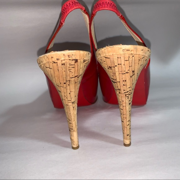 CHRISTIAN LOUBOUTIN size 39 red patent leather peep toe SLINGBACK platform HEELS - Picture 6 of 12